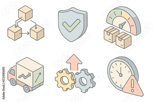 Operations KPI Icons. Isometric vector illustration set of operations KPI icons: supply chain flow chart, quality control