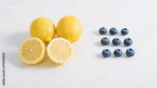 Fresh lemons and blueberries arranged on a white background
