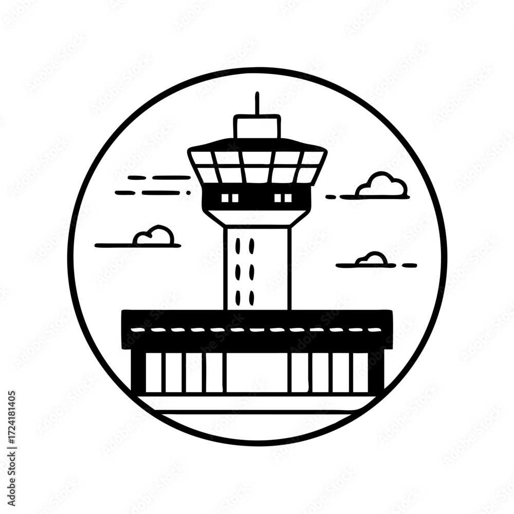 Naklejka premium Vector art of airport control tower in line art style for travel and aviation