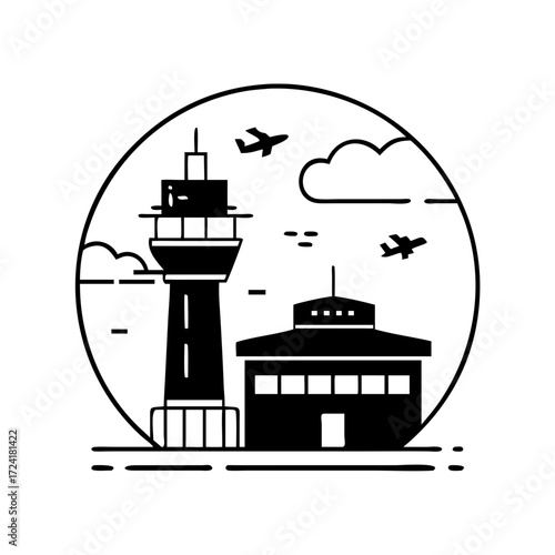 Vector art of airport terminal and control tower with planes in line art style