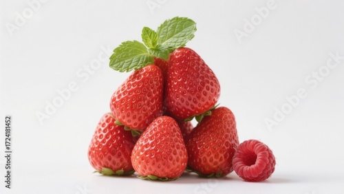 A pile of fresh red strawberries with a mint leaf on top, arranged on a white background