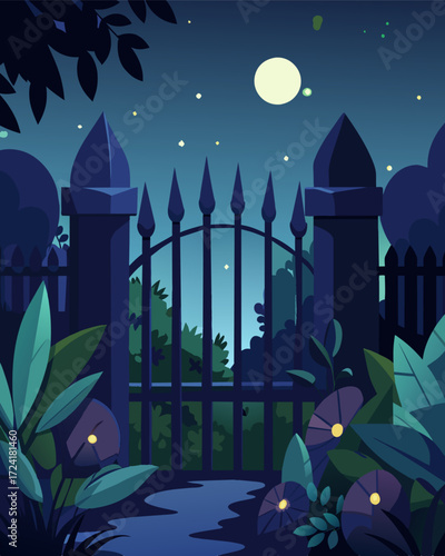 A secret garden hidden behind a tall fence made even more enchanting by the gentle glow of solar garden lights.. Vector illustration