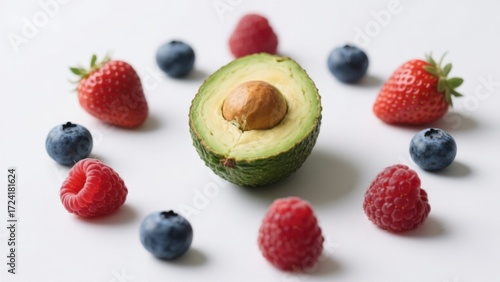 Half avocado surrounded by strawberries, blueberries, and raspberries on a white background