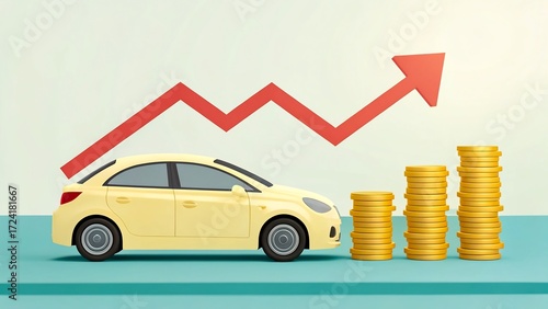 Car with stacked gold coins and rising arrow symbolizing automotive cost increase 

