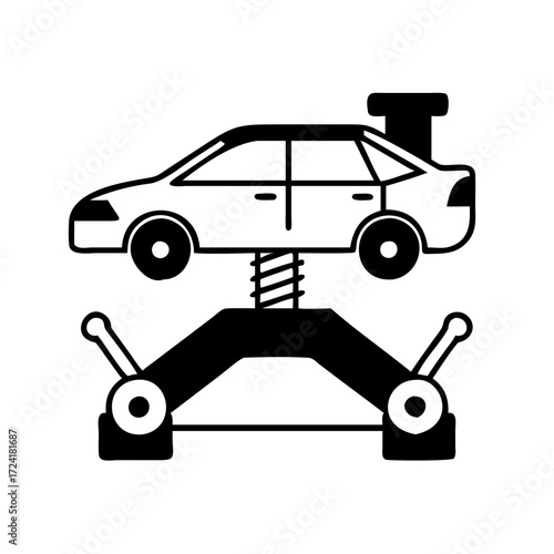 Vector art of car lifted on hydraulic lift for repair or maintenance service in garage