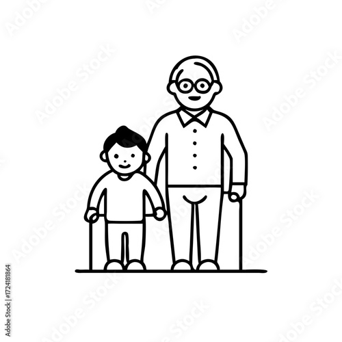Vector art of grandfather and grandson walking together, symbolizing family bond and support