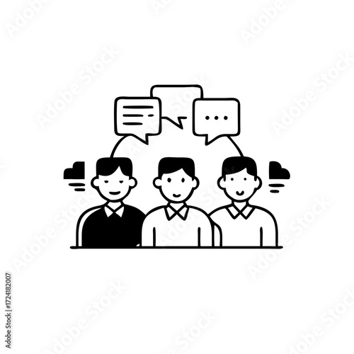 Illustration of three people communicating with speech bubbles, , representing teamwork and discussion