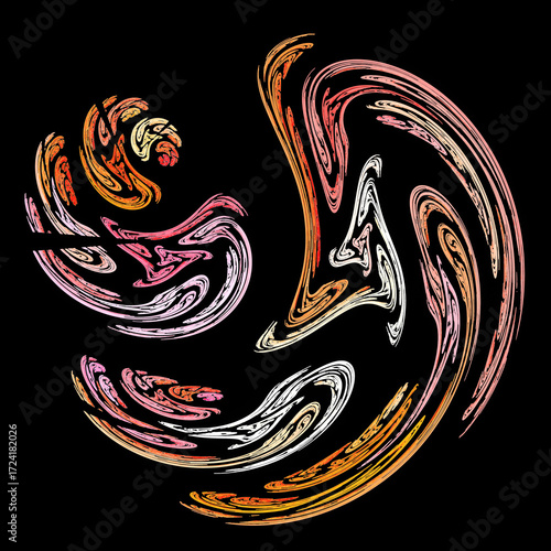 Abstract smooth dynamic rotating patterns of pastel shades on a black background. Graphic design element. 3D rendering. 3D illustration.