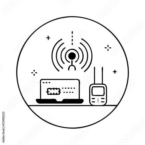 Vector art of wireless communication technology with laptop and walkietalkie modern connection