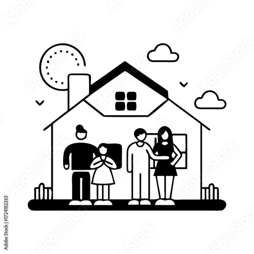 Vector art of family standing in front of their house, representing home, love, and togetherness