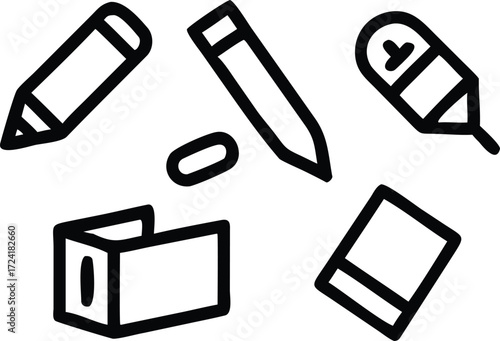 School supplies vector illustration with pen pencil sharpener eraser and notebook isolated flat icons set on transparent background