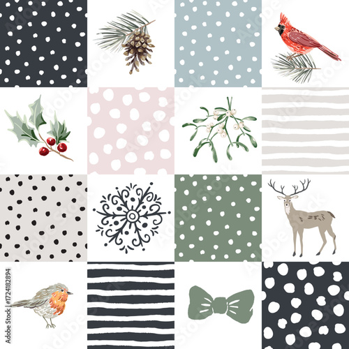 Christmas seamless pattern. Deer animal, cone, pine twig, holly, cardinal bird, bow, snow, patchwork background. Vector illustration. Nature design. Season greeting. Winter forest. Xmas holidays