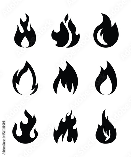 Black flame shapes and icons are drawn