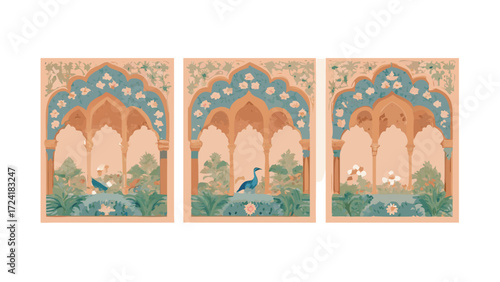 Three panels depicting peacocks and foliage beneath arches with floral accents in a serene color palette