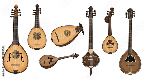 Collection of various string instruments with ornate designs