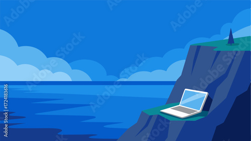 A lone laptop sits atop a breathtaking cliffside overlooking the endless expanse of deep blue sea.. Vector illustration