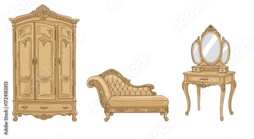 Elegant antique furniture set with wardrobe, vanity, and sofa