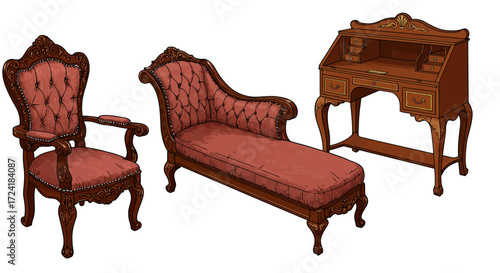 Elegant antique furniture set with victorian sofa and writing desk