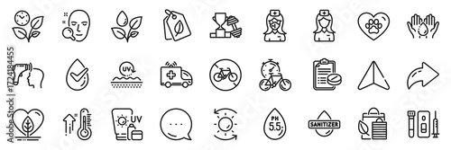 Wash hands, Nurse and Ph neutral line icons pack. Share, Message, Paper plane icons. Bike timer, Electronic thermometer, Dermatologically tested web icon. Vector