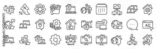 Work at home line icons. Settings gear, Message, Inflation icons. Remote worker, Freelance job, Office employee. Stay at home, internet work, remote teamwork line icons. Vector