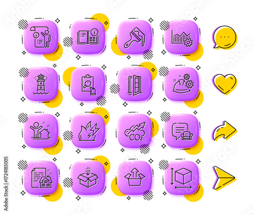 Operational excellence, Send box and Open door line icons. App 3d buttons. Social media comment, share, like icons. Pack of Lease contract, Lounge place, Inspect icon. Vector