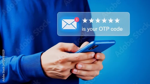 Man holding smartphone with otp code and email icon for secure online transaction