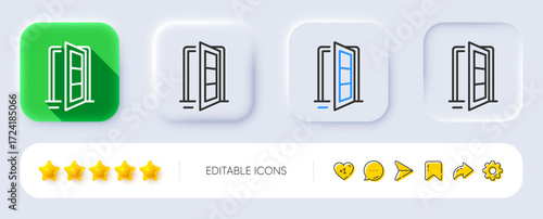 Open door line icon. Neumorphic, Flat shadow, 3d buttons. Entrance doorway sign. Building entry symbol. Line open door icon. Social media icons. Vector