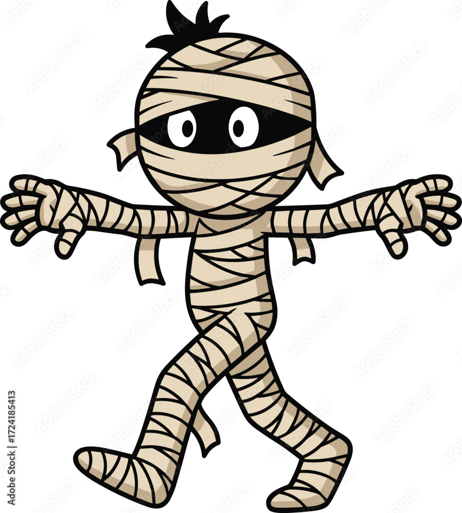Obraz premium Mummy cartoon character, beige bandages, spooky Halloween icon, walking pose, cute undead design, vector illustration, ancient horror, stock art