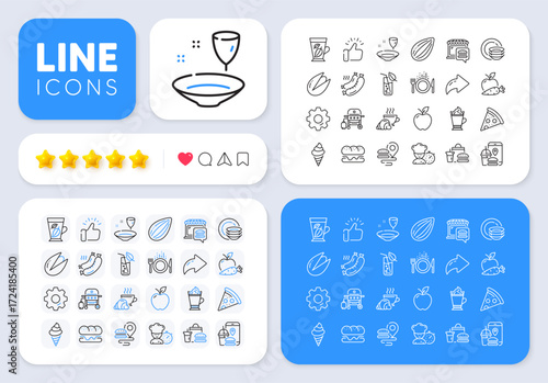 Food, Croissant and Gas grill line icons for web app. Message, Share, Like social media icons. Pack of Mint leaves, Chef, Latte coffee pictogram icons. Burger, Pistachio nut, Plate signs. Vector