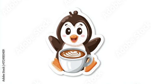 Cute Cartoon Penguin Holding a Coffee Cup With Latte Art in a Cheerful Pose Enjoying a Cozy Moment in a Cozy Setting