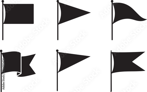 Set of Black Silhouette Icons of Different Flag Shapes on Poles pennant flag wavy flag