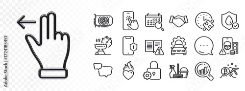 Touchscreen gesture, Handshake and Heart flame line icons for web app. Glare of light effect. Message icon. Pack of Phishing, Puzzle time, Seo analysis pictogram icons. Vector