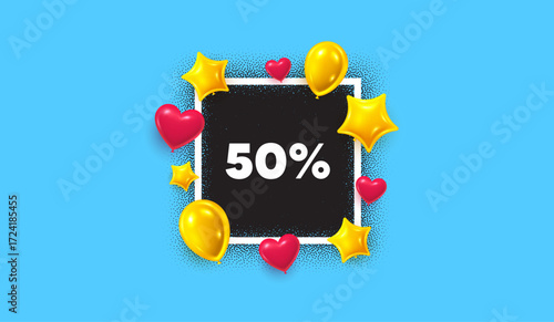 Discount photo frame banner. Square picture frame. 50 percent off sale tag. Discount offer price sign. Special offer symbol. 3d balloons as hearts and stars. Vector