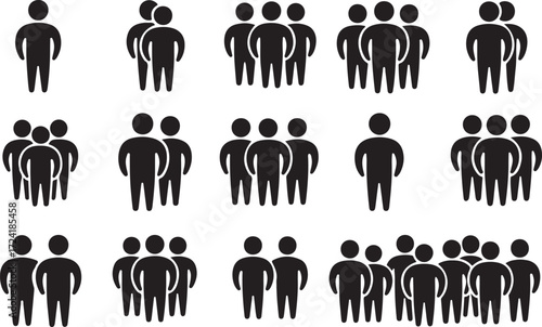Collection Of Black Human Figure Icons Representing Groups Of People Keywords: people, group, crowd, figures, human, silhouette, icon, graphic, design, vector, black, white, isolated, simple