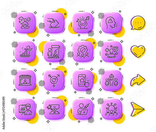 Genders, Teamwork and Vaccination appointment line icons. App 3d buttons. Social media comment, share, like icons. Pack of Cough, Painter, Patient icon. Vector