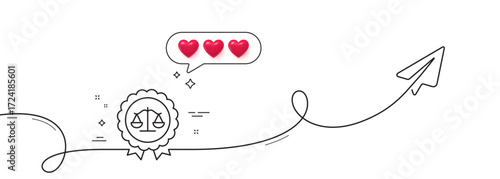 Justice scales line icon. Continuous line with share plane. Judgement award sign. Legal law symbol. Hearts rate review in speech bubble. Justice scales single line ribbon. Loop curve pattern. Vector