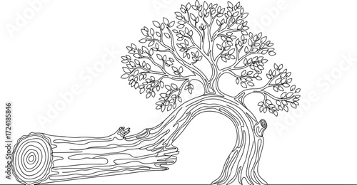 Resilient tree illustration, partially cut trunk, curved shape, green canopy, survival concept, nature drawing, botanical art, symbolic sketch