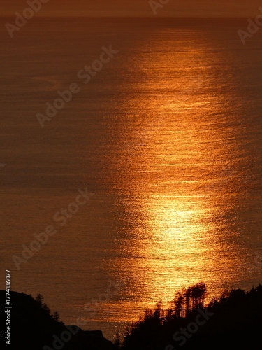 Setting sun reflected on the sea off the Mull coast, looking westwards, with trees silhouetted against the sea