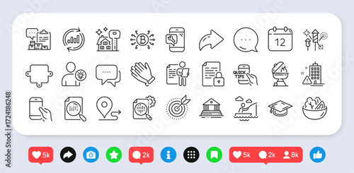 Court building, Journey and Bitcoin system line icons pack. Social media: share, comment, like icons. Boat fishing, Hold smartphone, Job interview web icon. Vector