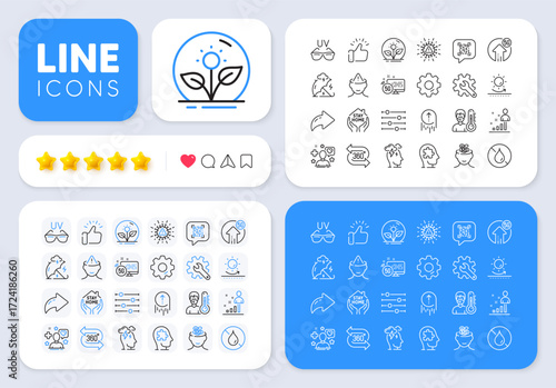 Sun protection, Incubator and 360 degree line icons for web app. Message, Share, Like social media icons. Pack of 5g internet, Sunglasses, 5g upload pictogram icons. Vector