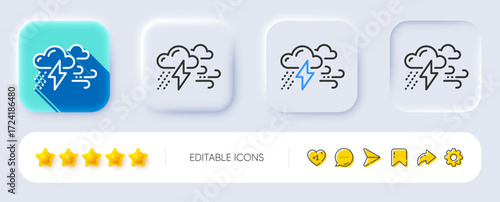Clouds with raindrops, lightning, wind line icon. Neumorphic, Flat shadow, 3d buttons. Bad weather sign. Line bad weather icon. Social media icons. Vector