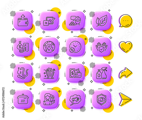 Loan percent, Build and Card line icons. App 3d buttons. Social media comment, share, like icons. Pack of Pin, Wallet, Megaphone icon. Worms, Insurance hand, Women headhunting pictogram. Vector