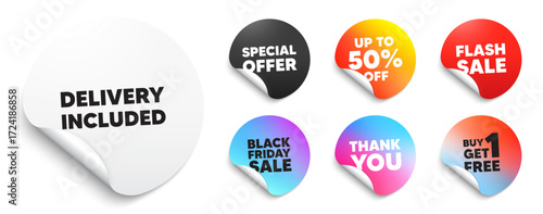 Delivery included sticker tag. Special offer paper price tags. Delivery included tag. Free shipping sign. Special offer symbol. Discount, black friday sticker. Promo banner. Vector