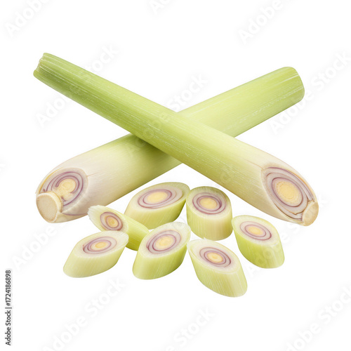 Fresh lemongrass stalks and slices isolated on transparent background