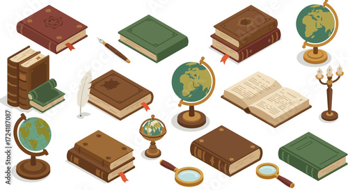 Isometric books and globes collection with magnifying glasses and quill pens