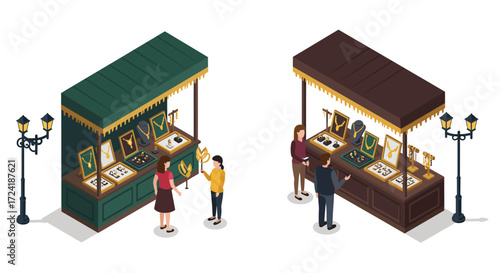 Isometric market stalls with jewelry and customers under street lamps