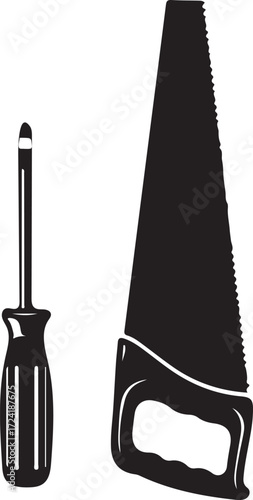 Hand Saw and Screwdriver Graphic Illustration Featuring Hand Tools For Carpentry and Home Improvement Isolated Against a White Background