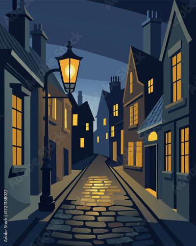 A quiet cobblestone street lined with historic homes softly lit by lowenergy solar post lights.. Vector illustration