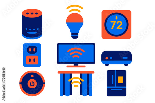 Smart Home Icons. Flat vector icons of smart home gadgets: smart speaker, smart light bulb, smart thermostat, smart plug, smart TV