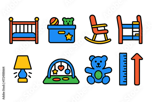 Kids' Room Icons. Flat vector icons of kids’ room elements: crib, toy box, rocking chair, mobile, night light, play mat, plush toy